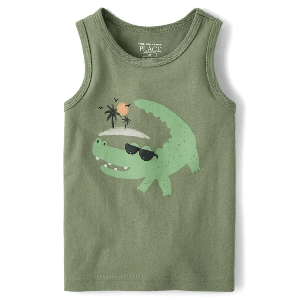 The Childrens Place Boys Green Alligator Graphic Tank Top Size 12-18M NWT
